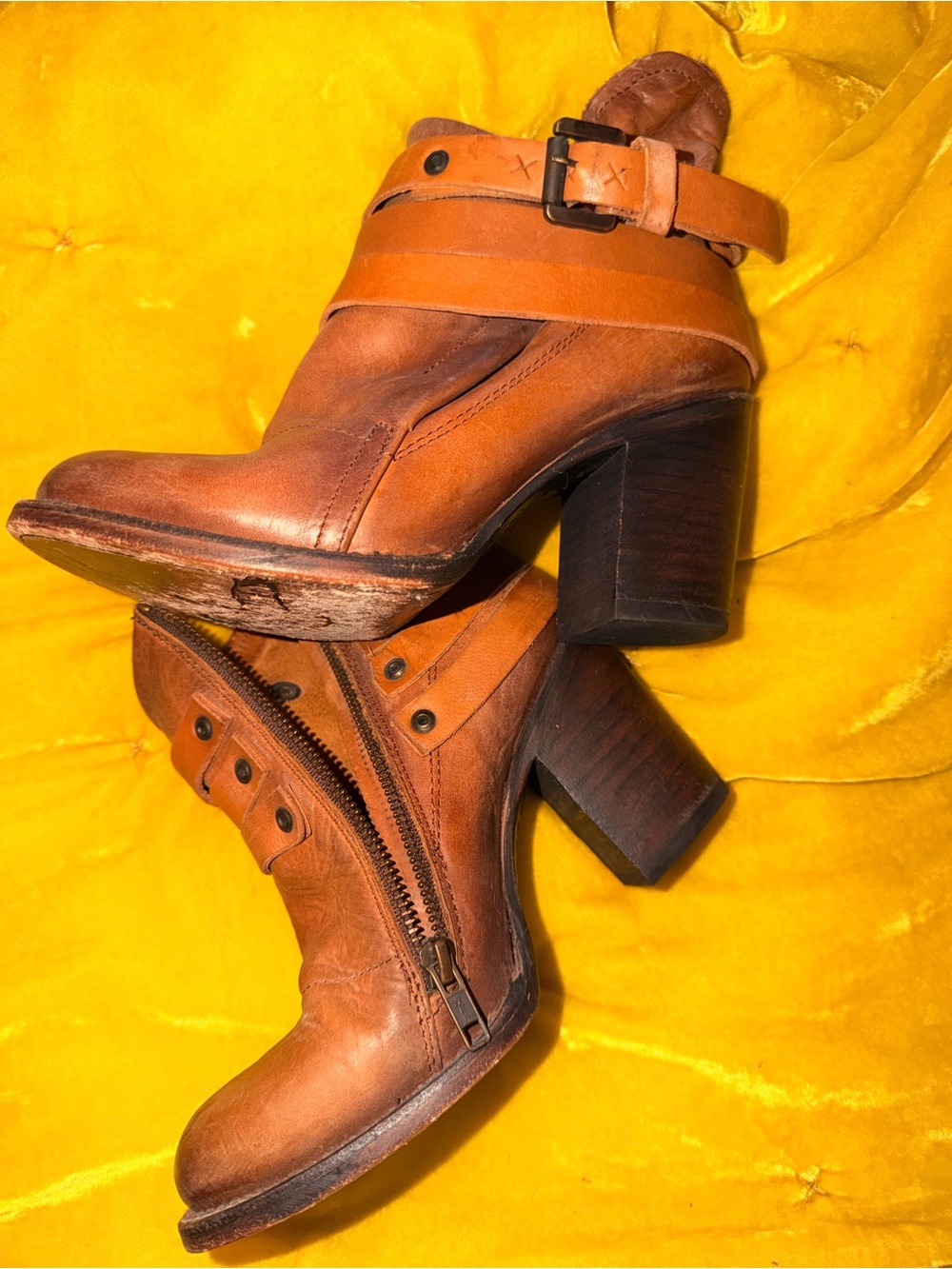 Freebird by Steven Cognac Leather Ankle Booties with Buckle Strap